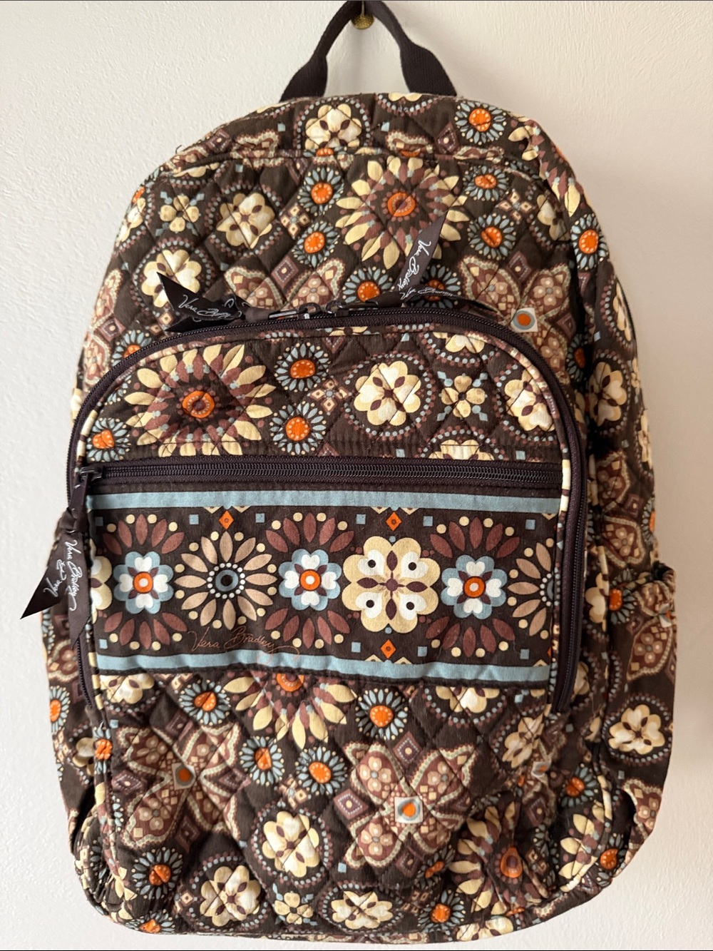 Vera Bradley Brown Floral Quilted Backpack with Orange Accents